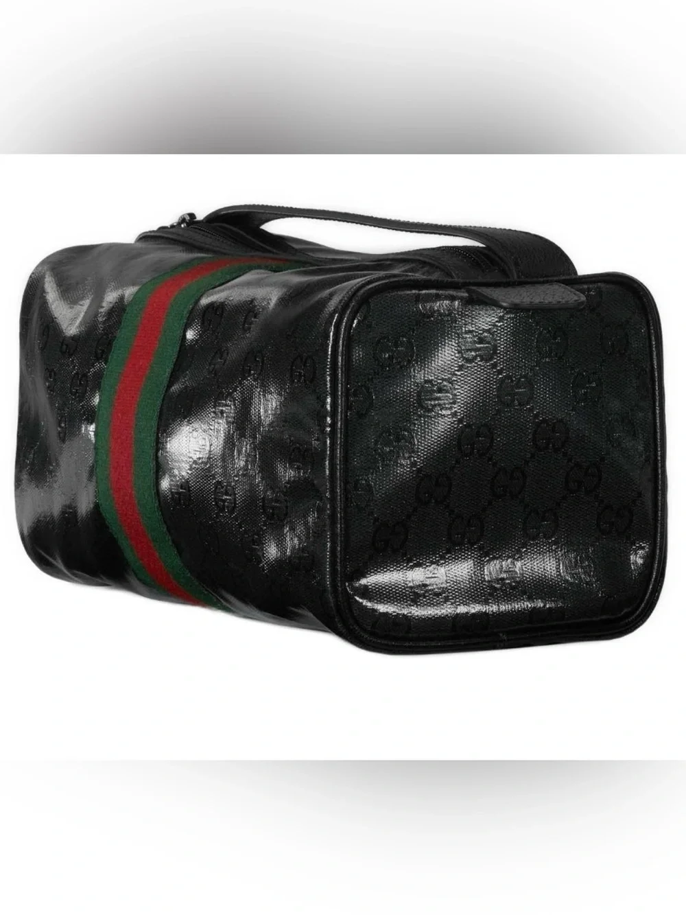 NEW GUCCI BLACK GG CRYSTAL CANVAS LEATHER WEB LOGO TOILETRY CASE HAND BAG UNISEX